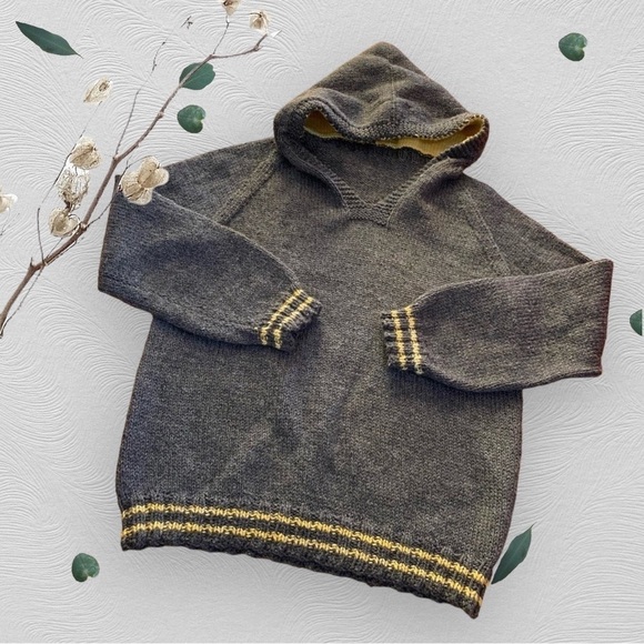 Hand Crafted Sweaters - Handmade Hooded Oversized V-neck Sweater Gray with Yellow Accents Size Small